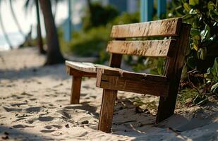 ai genererad trä- sittplats på sand på de strand foto