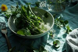 ai genererad en maträtt tillverkad med maskros sallad på en blå bordsduk foto