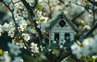 ai genererad en liten hus hus vilar på en blomstrande träd foto