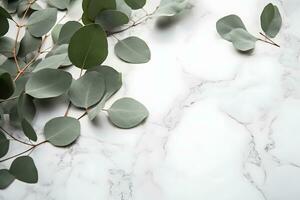 ai genererad grenar av eukalyptus löv på en marmor bakgrund foto