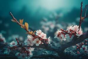 ai genererad blomning körsbär och plommon på solnedgång i de alps är mycket skön. ren natur behagar en person med ekologisk skönhet och en symbol av vår. foto