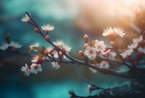 ai genererad blomning körsbär och plommon på solnedgång i de alps är mycket skön. ren natur behagar en person med ekologisk skönhet och en symbol av vår. foto