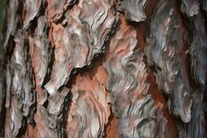 ai genererad texturerad bakgrund av gammal tall trä, med stor element av bark och de harts droppar foto