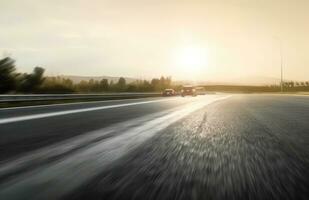 ai genererad asfalt motorväg med skön se av solnedgång och moln foto
