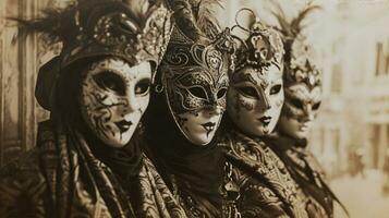 ai genererad årgång Foto av fyra flickor stående nära de ingång till en kasino, deras ansikten dold Bakom venetian masker