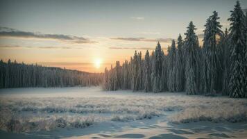 ai genererad ram en professionell skott av en vinter- skog under de lugn skymning timmar. fånga de subtil nyanser av de miljö Sol mot de snöig landskap, skapande en lugn och fredlig foto