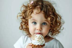 ai genererad förtjusande liten flicka med lockigt hår innehav en muffin med vispad grädde. foto