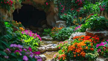 ai genererad en grotta med färgrik blomma dekorationer. foto