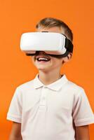 ai genererad porträtt av en pojke i virtuell verklighet glasögon på ett orange bakgrund. foto