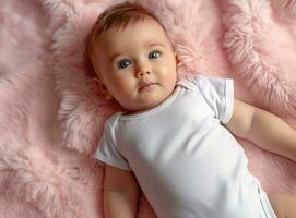 ai genererad söt liten bebis liggande på en rosa filt. bebis vård begrepp. foto