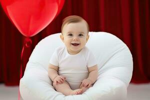 ai genererad söt bebis i vit kroppsdräkt Sammanträde på stol med röd hjärtformade ballong. foto