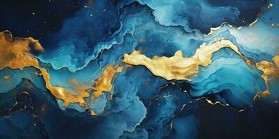 ai genererad abstrakt blå marmor textur med guld stänk, blå lyx bakgrund. foto