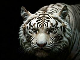 ai genererad närbild detalj av isolerat vit tiger på svart bakgrund foto