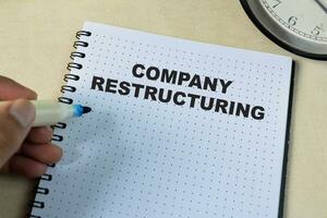 begrepp av företag omstrukturering skriva på bok isolerat på trä- tabell. foto