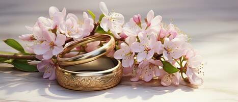 ai genererad rosa blommor och två gyllene bröllop ringar på realistisk 3d generativ ai foto