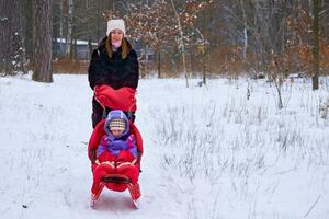 ung Söt mor med en barn på en kälke med en röd pläd i de vinter- skog foto