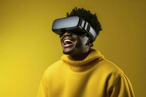 ai genererad porträtt afrikansk amerikan man i vr glasögon, spelar video spel med virtuell verklighet headsetet foto