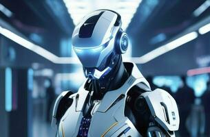 ai genererad skön cyber man i trogen robot kostym. förändrad verklighet spel, framtida teknologi. foto