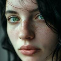 ai genererad en skön kvinna med grön ögon och svart hår i närbild foto