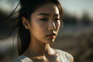 ai genererad fantastisk skön ung asiatisk kvinna med hög kontrast skugga och modern stil. proffs Foto