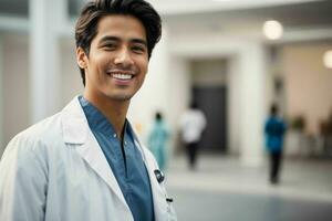 ai genererad leende ung manlig läkare i en vit täcka, en stetoskop på en sjukhus. proffs Foto
