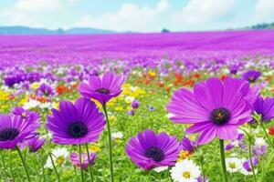 ai genererad stänga upp natur landskap blommor fält. proffs Foto