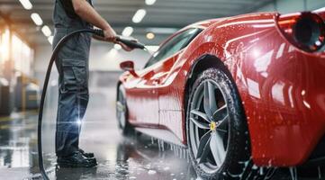 ai genererad biltvätt detaljering, putsning och rengöring i bil- service underhåll station foto