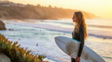 ai genererad passa och stilig kvinna surfare innehav en surfingbräda på hav Strand. semester och resa livsstil foto