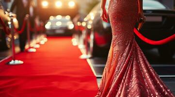 ai genererad kändis kvinna i lång modern lyx klänning gående på en röd matta till kändis gala händelse foto