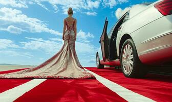ai genererad kändis kvinna i lång modern lyx klänning gående på en röd matta till kändis gala händelse foto