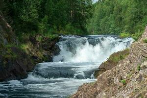 naturlig landskap med en klar vattenfall på en skog flod foto