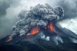 ai genererad naturlig landskap med en närliggande vulkanisk utbrott foto
