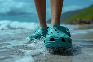 ai genererad crocs skodd fötter av ett person på de strand gående längs de surfa foto