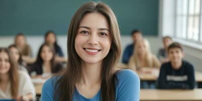 ai genererad en skön leende kvinna lärare bär blå lång ärmar i en klassrum foto
