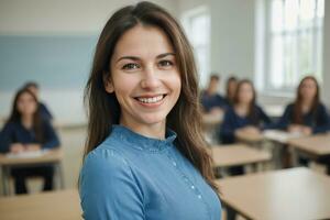 ai genererad en skön leende kvinna lärare bär blå lång ärmar i en klassrum foto