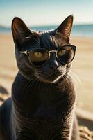 ai genererad en brittiskt kort hår katt bär solglasögon på de strand foto