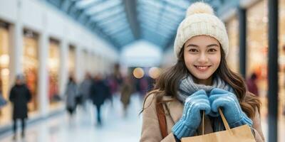 ai genererad en leende ung kvinna i vinter- Kläder innehav handla väska foto