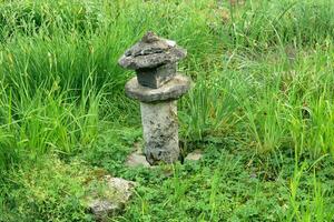 sten lykta bland gräs på de Bank av en damm i en japansk trädgård foto