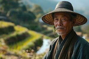 ai genererad asiatisk lantlig man i folk kläder mot de bakgrund av en dal med jordbruks terrasser foto