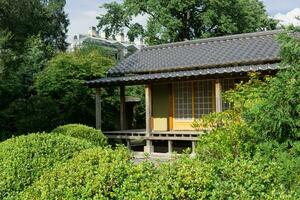 te hus bland dekorativ buske i en japansk trädgård foto