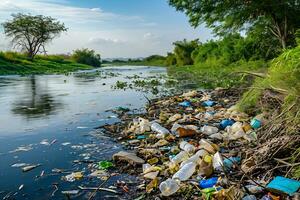 ai genererad vatten förorening med en förorenad flodbank strö med plast avfall foto