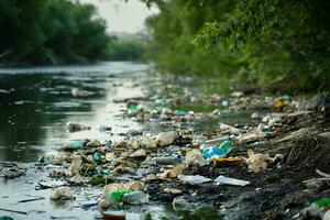 ai genererad vatten förorening med en förorenad flodbank strö med plast avfall foto