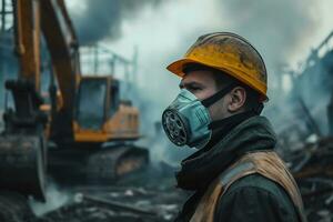 ai genererad en man bär en mask mot luft förorening foto