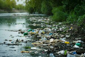 ai genererad vatten förorening med en förorenad flodbank strö med plast avfall foto