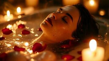 ai genererad en kvinna omgiven förbi mjuk levande ljus nedsänkt i en värma bad med reste sig foto