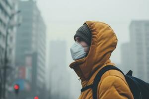 ai genererad en man bär en mask mot luft förorening foto
