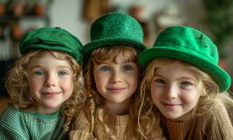 ai genererad tre barn är Lycklig och Framställ för st Patricks dag foton
