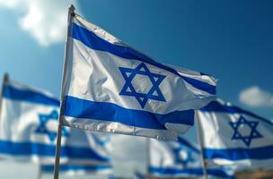 ai genererad israeli flaggor vinka mot blå himmel foto