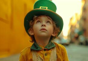ai genererad en liten pojke står på en gul bakgrund bär en pyssling hatt pyssling foto