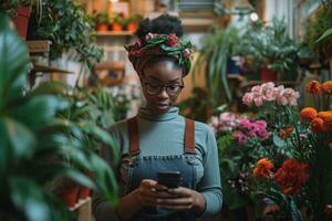 ai genererad ett afrikansk amerikan kvinna i en blomsterhandlare affär är kontroll henne social media foto